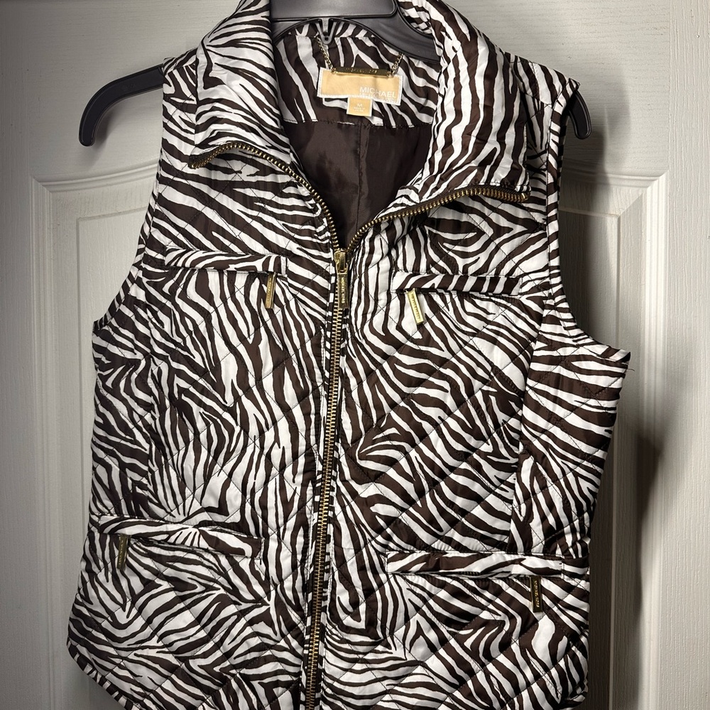 Michael Kors Medium Chocolate Zebra Pattern Puffer Vest with Gold Accents
